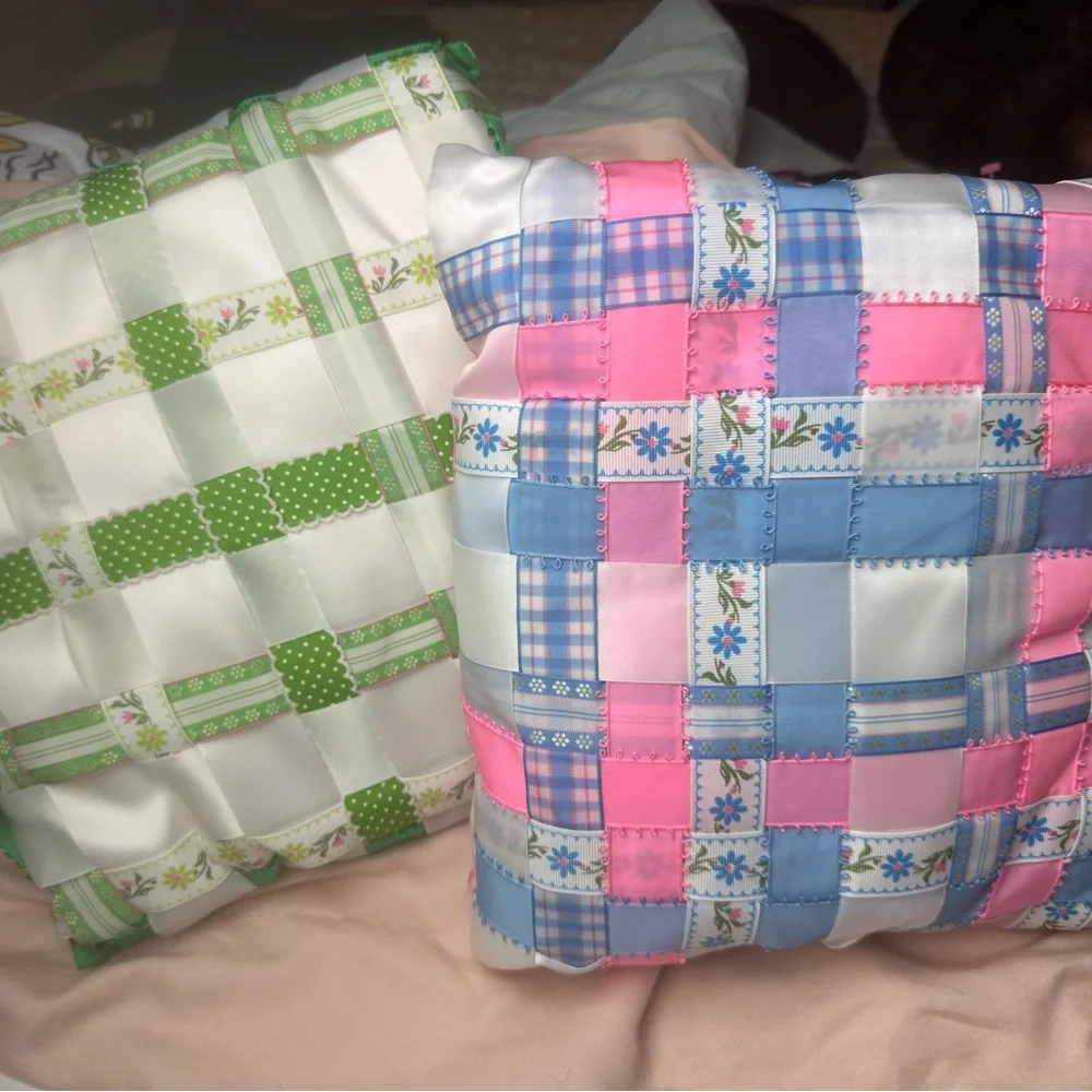 Ribbon Pillows By Marsha Lot;2 Small Fairy/Cottage Core Green & Pink Pillows NWT
